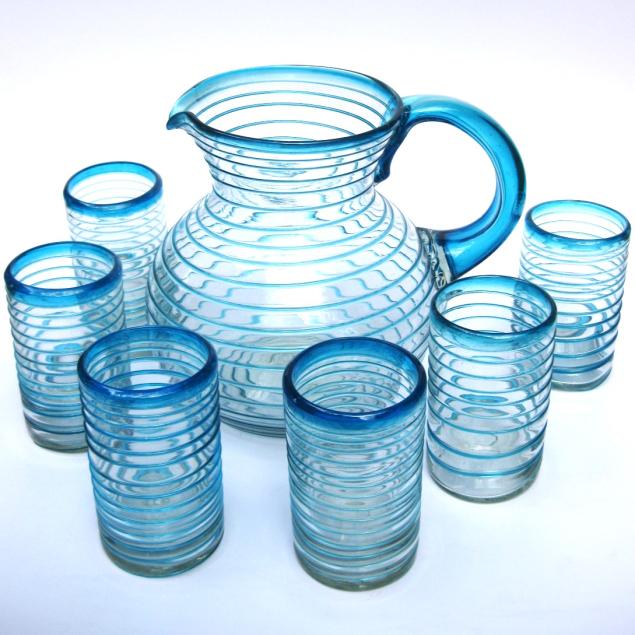 New Items / Aqua Blue Spiral 120 oz Pitcher and 6 Drinking Glasses set / Swirls of aqua blue color embelish this set, reminiscent of the tropical caribbean waters of Cancun.